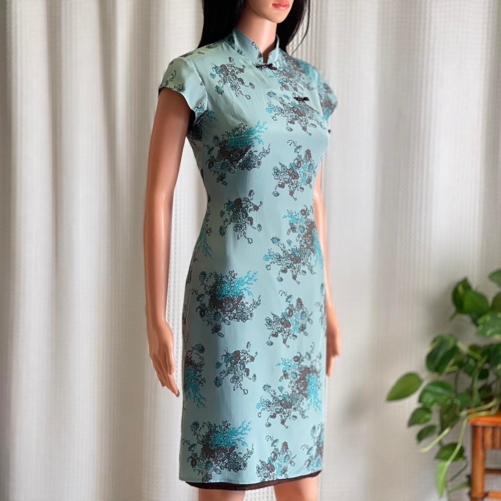 Vintage 90s Tessuto Floral Print Cheongsam Qipao Dress Blue Brown Silk Size 2